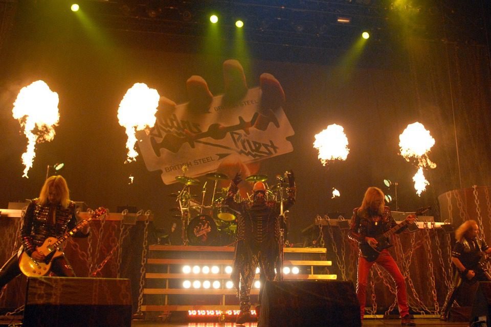 Richie Faulkner,Scott Travis, Rob Halford, Glenn Tipton, and Ian Hill of Judas Priest performs at the US Bank Arena in 2011.