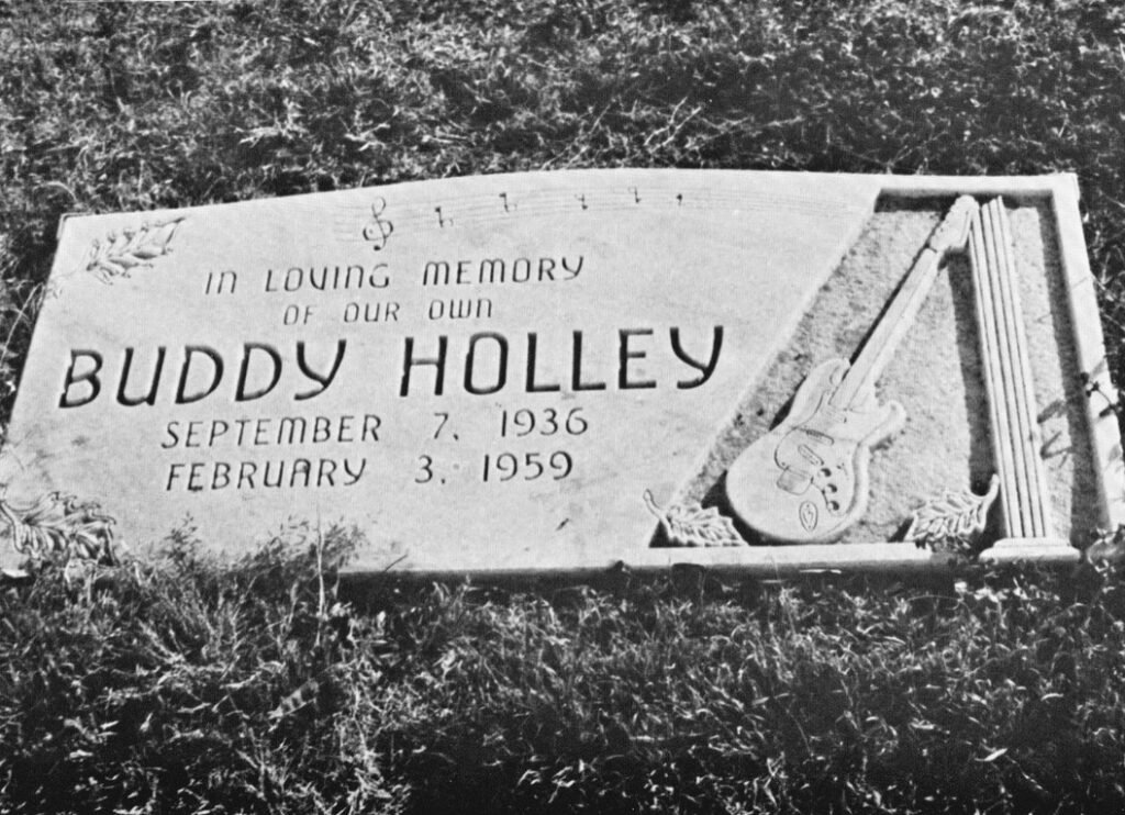 View of American rock and roll musician Buddy Holly's gravestone in Lubbock, Texas, 1975.