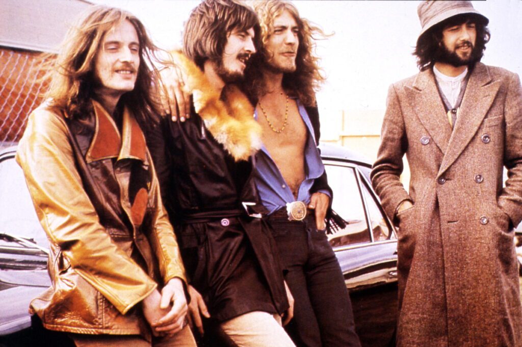 Led Zeppelin's original four members, colored photo: Robert Plant, Jimmy Page, John Bonham, and John Paul Jones