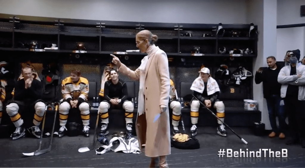 Céline Dion Visits The Boston Bruins Locker Room To Reveal The Starting Lineup