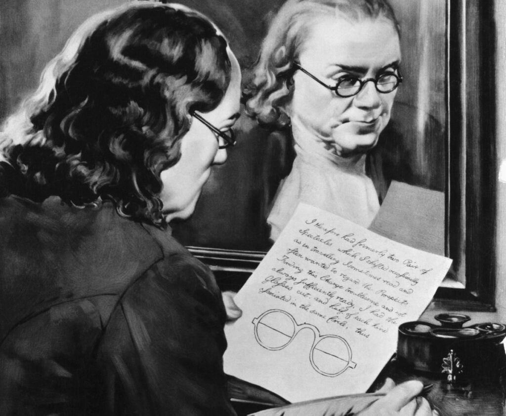 Illustration of Ben Franklin Holding Drawing of Bifocals