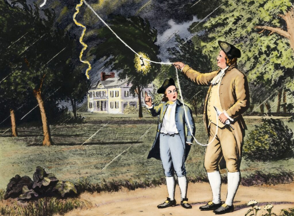 Benjamin Franklin Getting Electricity from Lightening