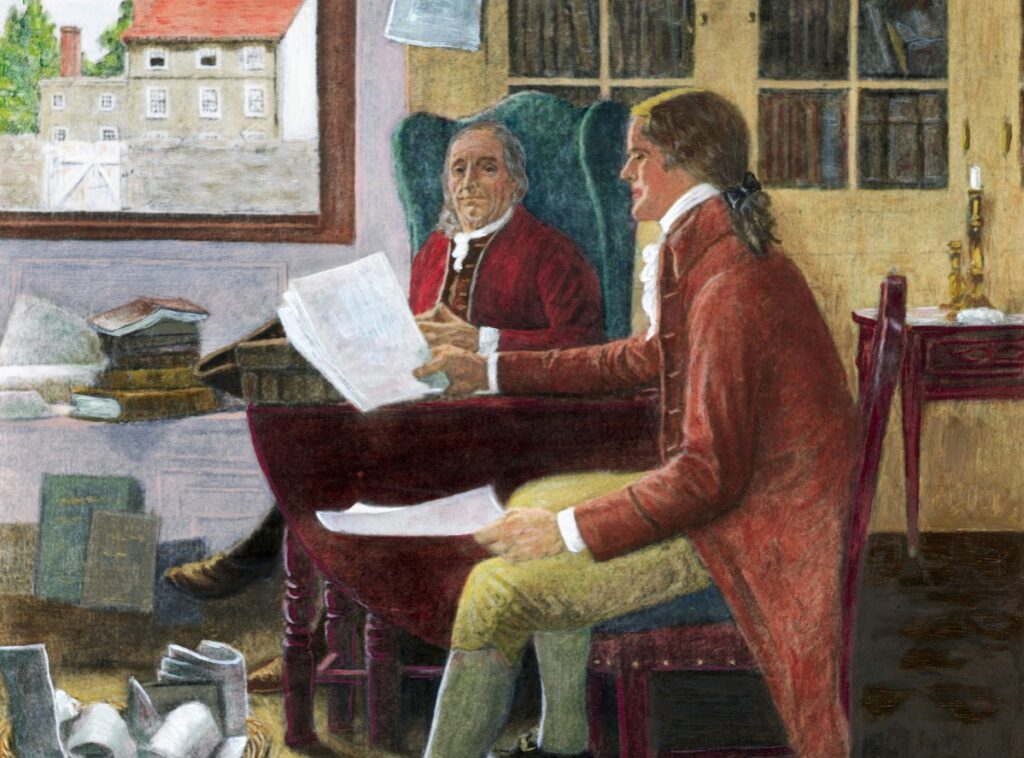 Thomas Jefferson Reading To Franklin by Clyde Osmer de Land