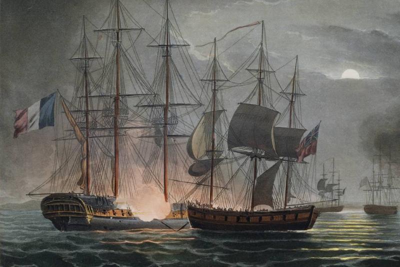 A painting by Thomas Whitcombe shows French ships at war.