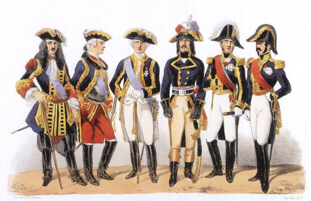 An illustration shows the outfits of French soldiers throughout the 1700s.