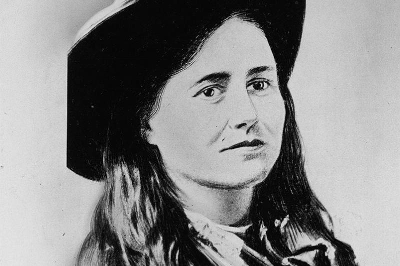 A sketch of Belle Starr shows her smirking with her hair down.