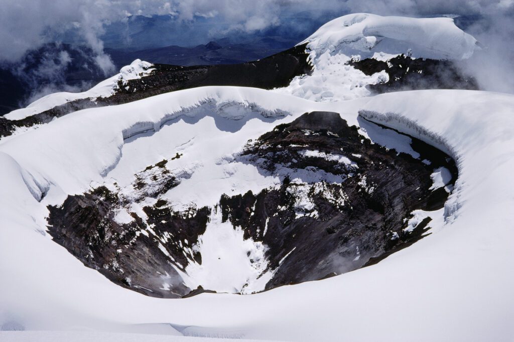 Stratovolcano Cotopaxi crater (5,897 m) is around the Pacific plate known as the Pacific Ring of Fire.