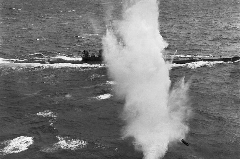Explosion in front of submarine