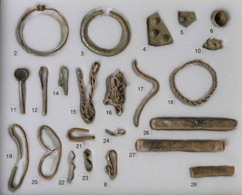 Some of the objects of a find of Viking treasure dating back to the ninth century discovered from the Harrogate in January, are shown at the British Musuem in London.