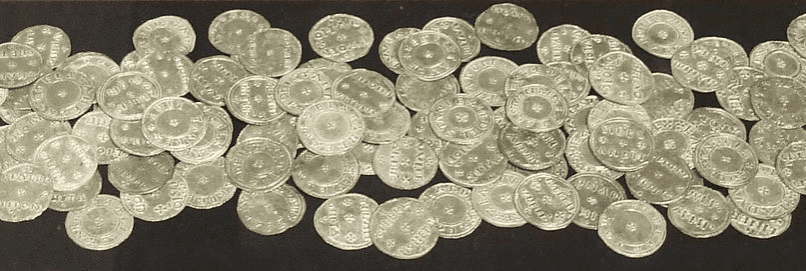 Silver pennies from the hoard on display in the British museum