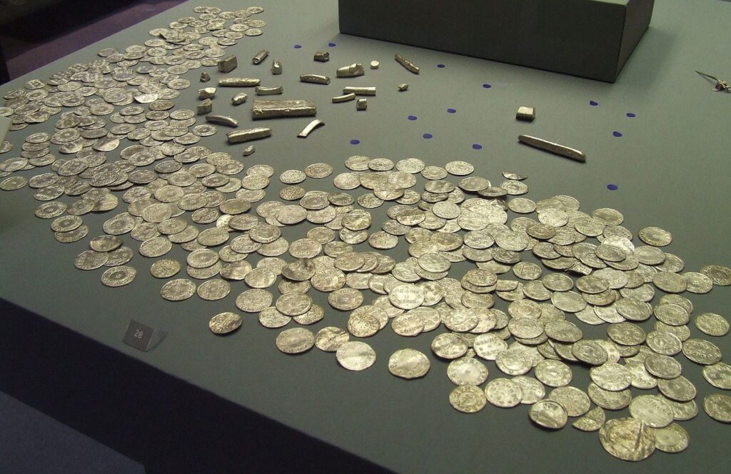 Silver coins and bullion from the hoard on display in the British museum