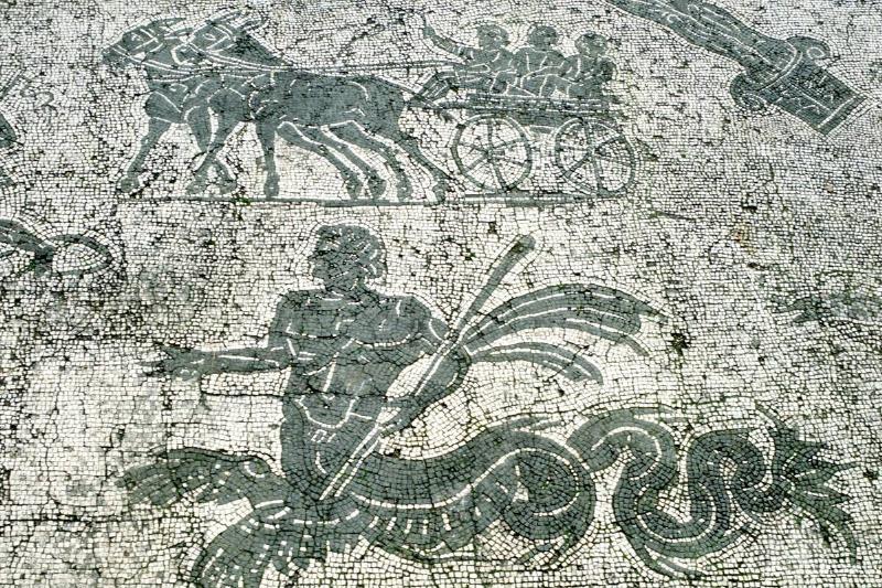 Mosaic, Carts pulled by mules with travellers, Cisarii. c1st Century AD