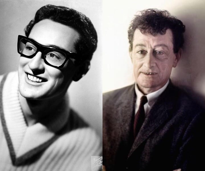 Buddy Holly's youthful headshot is compared to him looking older and less put together via CGI