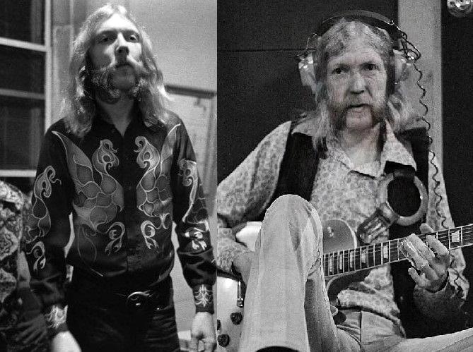 Duane Allman is caught in a candid when young beside a CGI image of him playing guitar in headphones