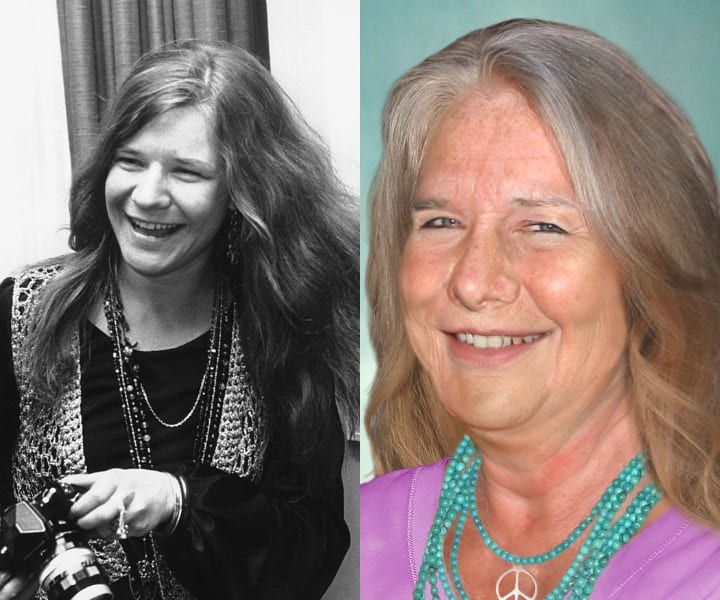 A black and white photo of Janis is compared to a CGI of her with grey-blonde hair and still smiling