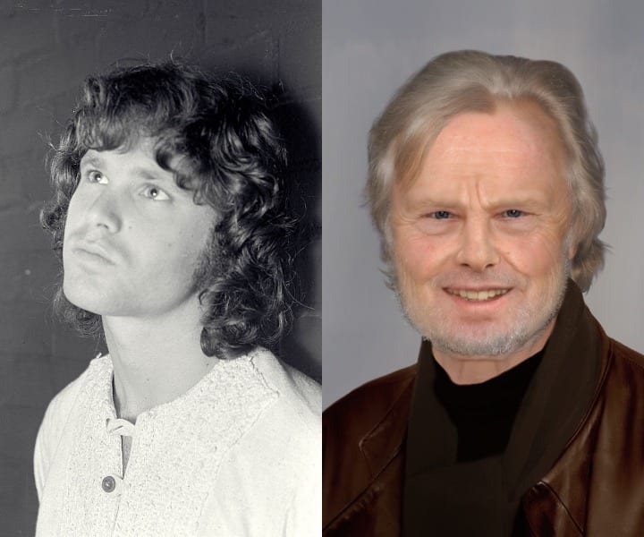 Jim Morrison looks ponderous in youth while compared to an older, smiling CGI version