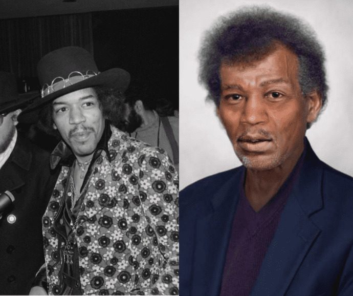 Jimi Hendrix in a hat and '60s outfit is compared to a CGI of him with a thinning fro and solid clothes