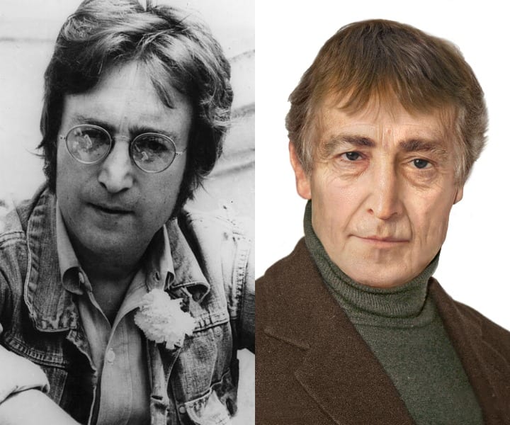 A black and white photo of John Lennon is compared to a CGI version where he's older and without glasses