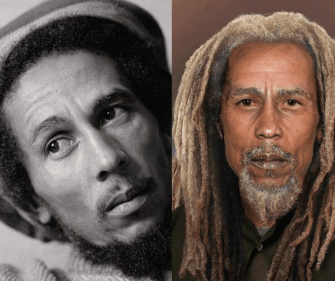 A headshot of young Marley with a straight face is beside a CGI Marley with graying, blonde dreads