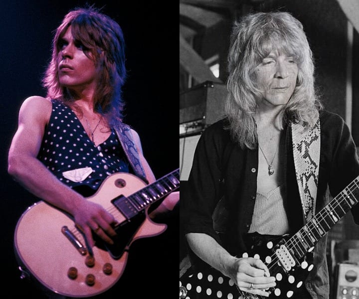 Randy Rhoads on stage in his youth is beside a CGI version of him older but still playing an electric guitar