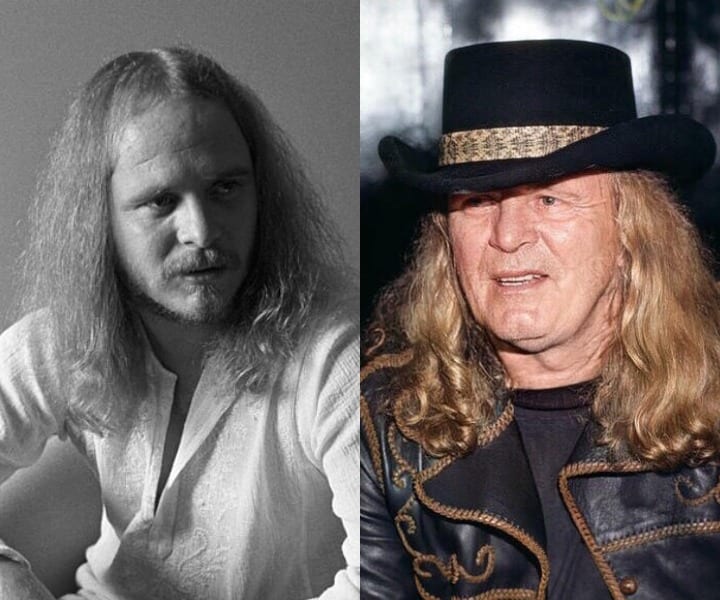 Ronnie van Zant poses for a black and white photo in his youth, while CGI shows an older Ronnie in a rocker outfit