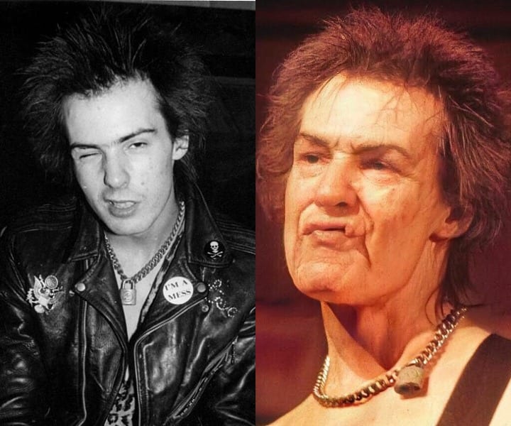 Sid Vicious winks at the camera while a CGI images shows his usually scrunched lips and spiky hair