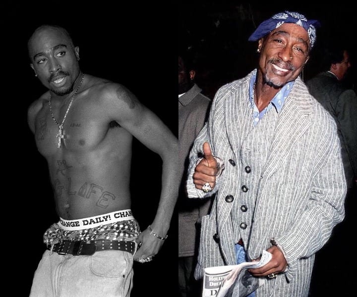 Tupac bears tattoos and saggy pants in his youth, while a CGI version shows him with a grey beard giving a thumbs up