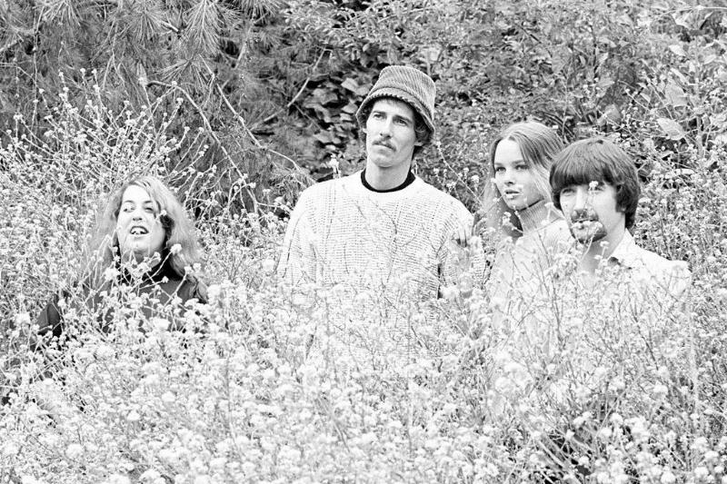 The band standing in flowers