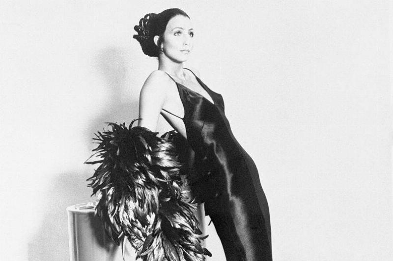 Cher models in a sleek black gown with a boa.